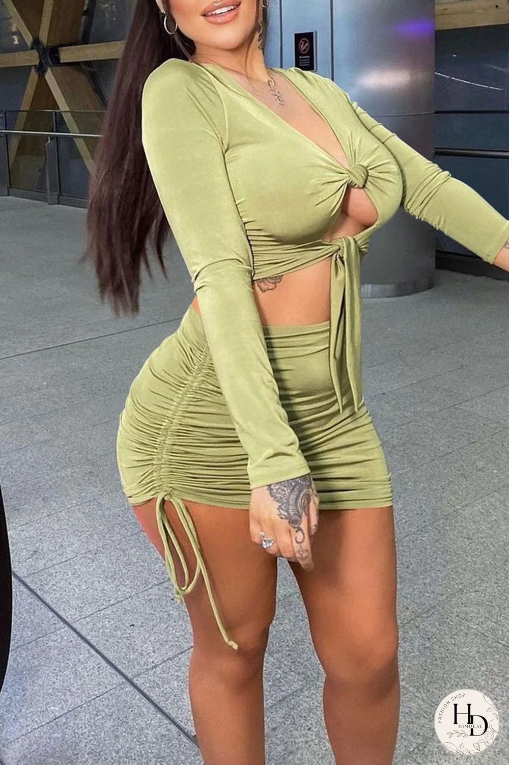 Light Green Sexy Solid Hollowed Out Split Joint Draw String Fold Knotted V Neck Long Sleeve Two Pieces