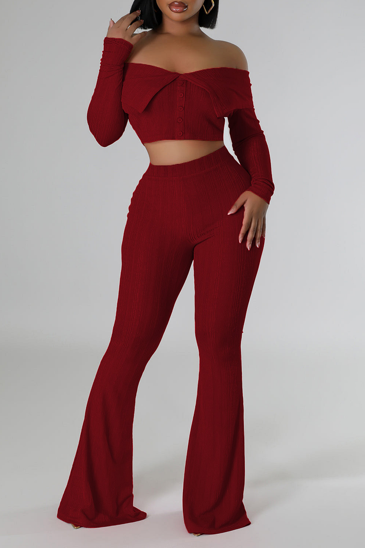 Off Shoulder Button Up Crop Top Solid Color Flared Pants 2pcs Set-Brown