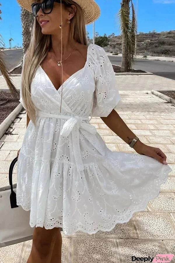 V Neck Crochet Lace Mini Dress