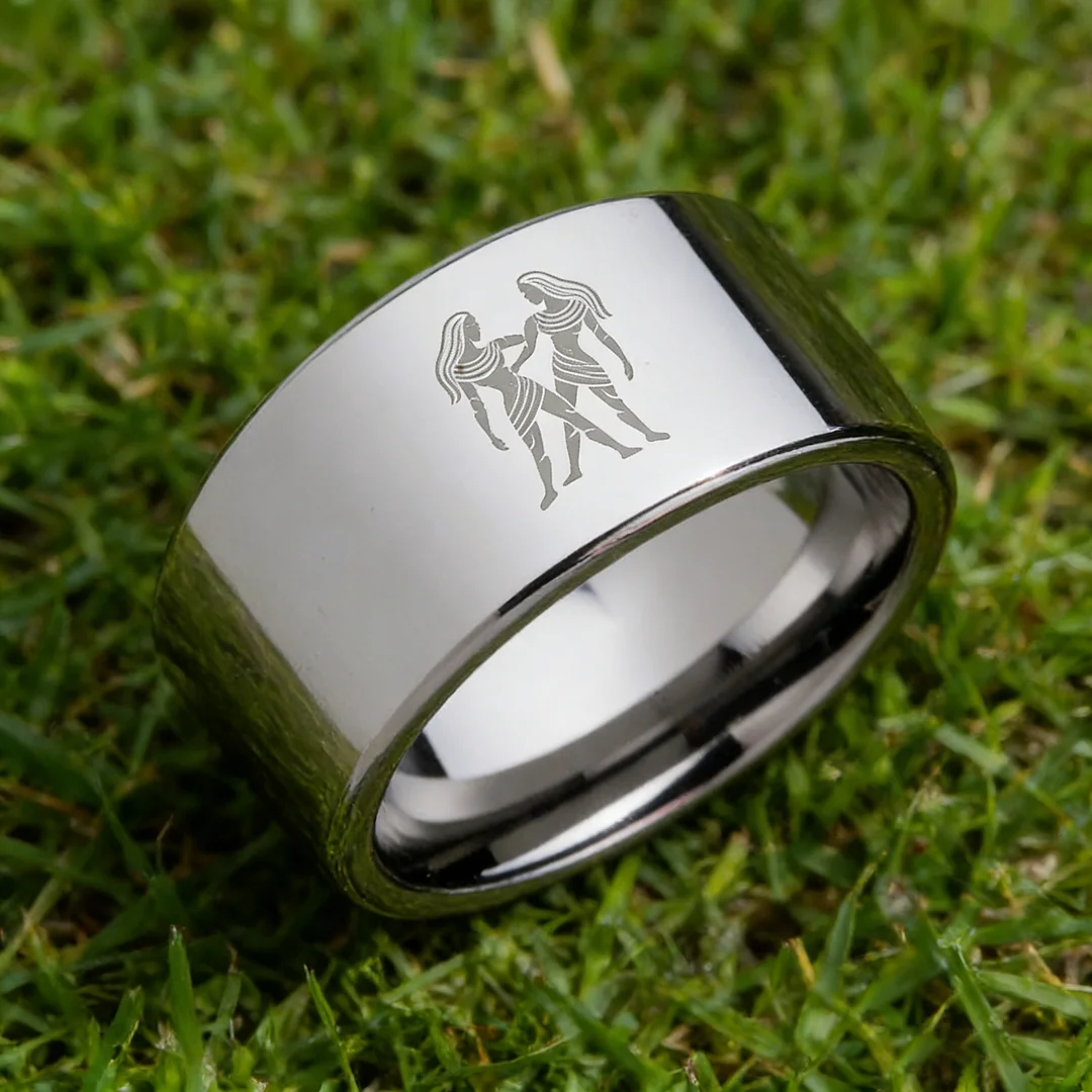 4MM 6MM 8MM 10MM Silver Flat Tungsten Carbide Rings Zodiac Gemini Laser Mens Womens Wedding Bands Comfort Fit