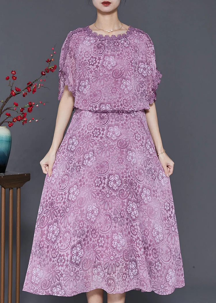 Silm Fit Purple Print Chiffon Fake Two Piece Dresses Summer