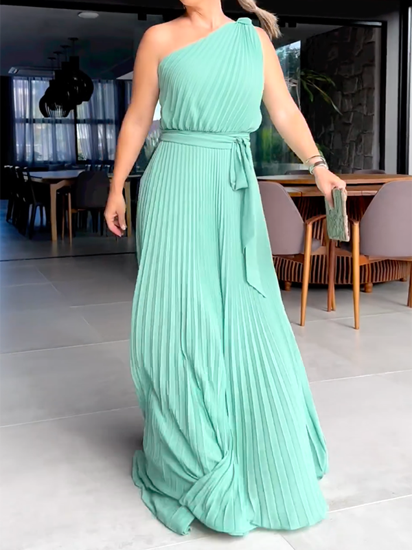 Bandage Pleated Solid Color Sleeveless One-Shoulder Maxi Dresses