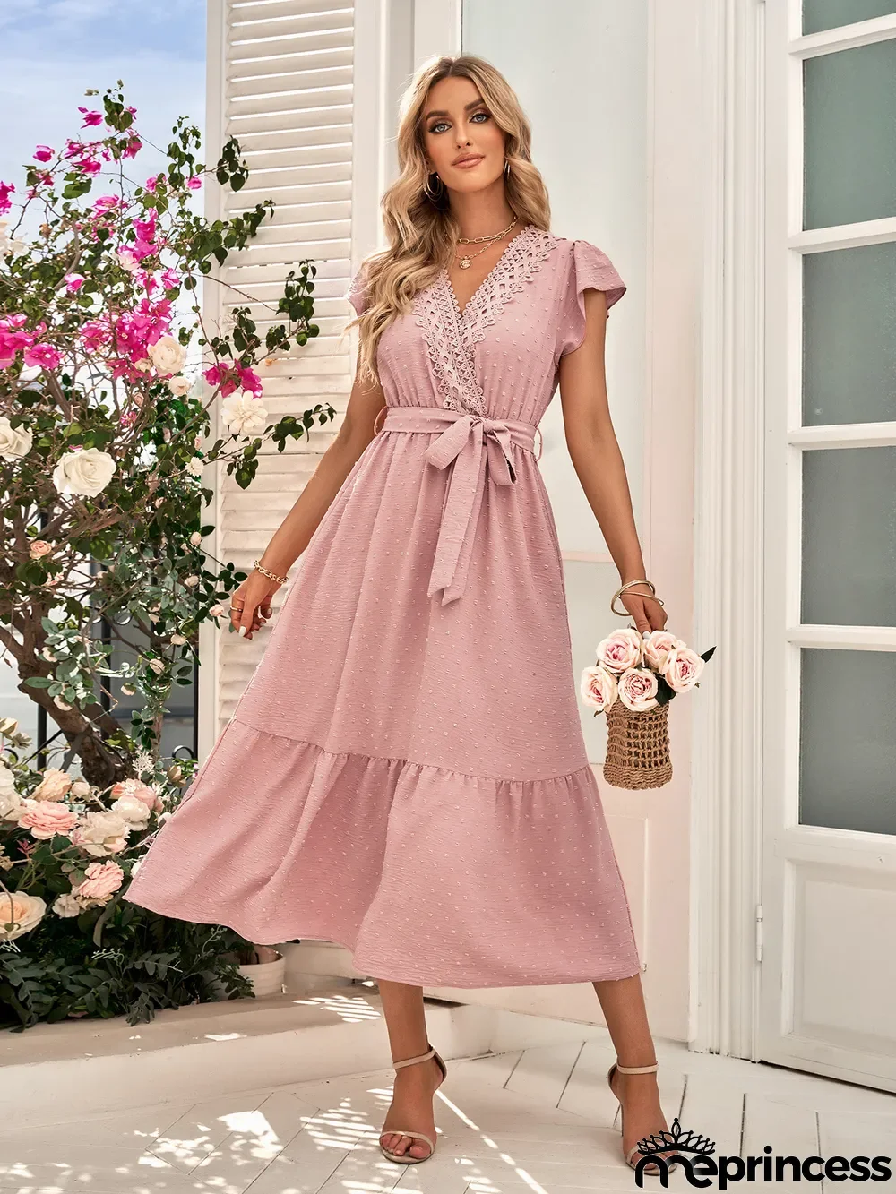 Women spring and summer solid color lace v-neck dress