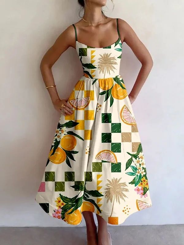 Women's Abstract Fruits Floral Vacation Print Cami Midi Dress
