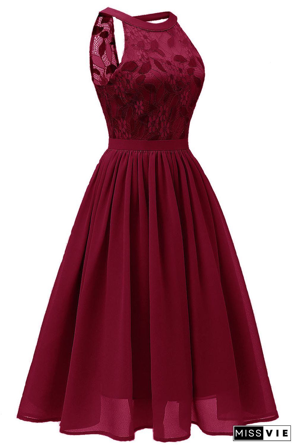 Burgundy Sleeveless A-line Lace Prom Dress