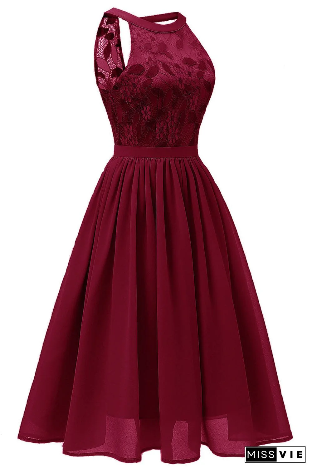 Burgundy Sleeveless A-line Lace Prom Dress