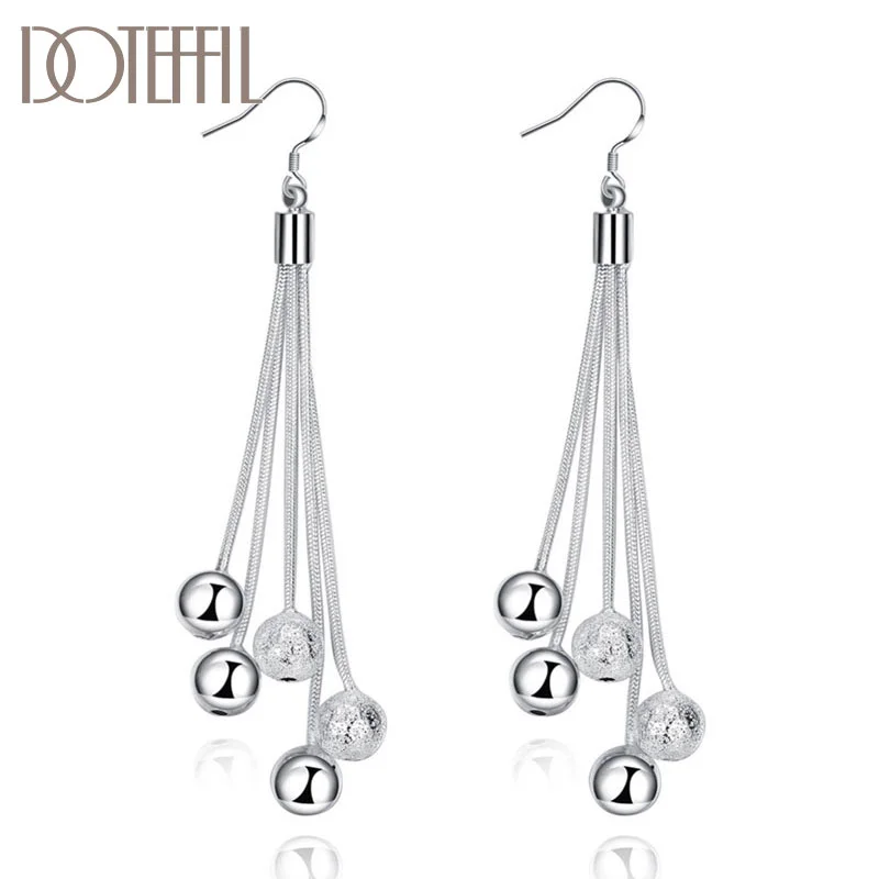 DOTEFFIL 925 Sterling Silver Frosted Bead Tassel Drop Earrings Charm Women Jewelry