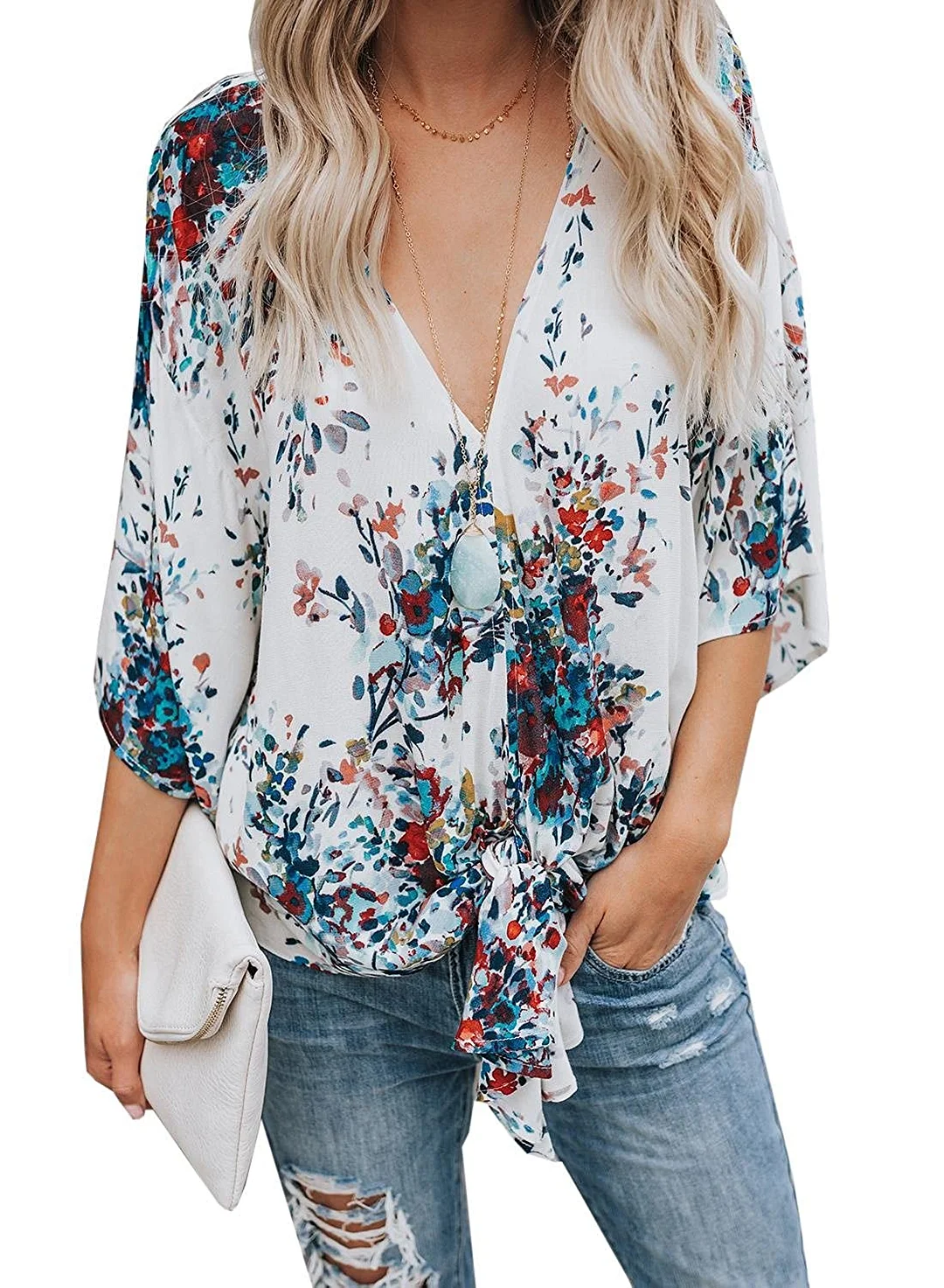 Womens Floral Blouses Summer Short Bat Sleeve Tie Front Tops Loose Fitting Shirts