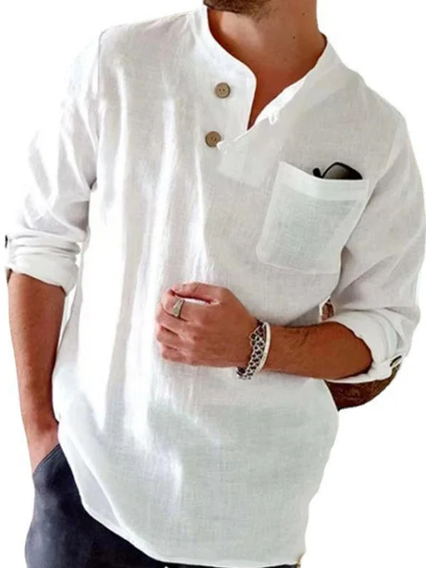 Men's Casual Solid Color Buttons Chest Pocket Cotton And Linen Shirt
