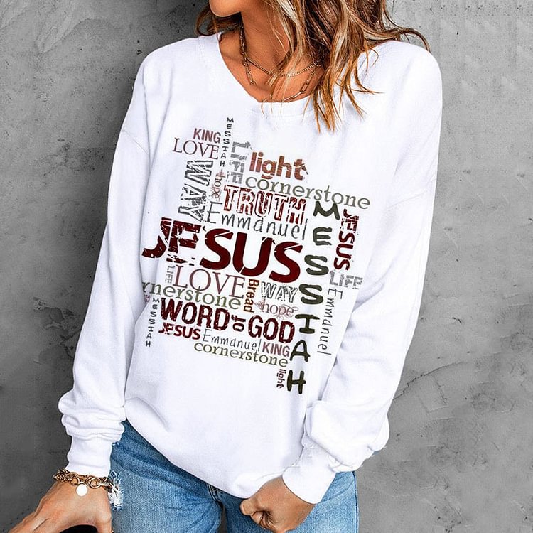VChics Jesus Letters Printed Long Sleeve Casual Sweatshirt