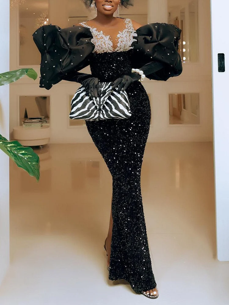 Promsstyle Cold shoulder puff sleeve glittering sequin back slit stunning evening dress Prom Dress 2023