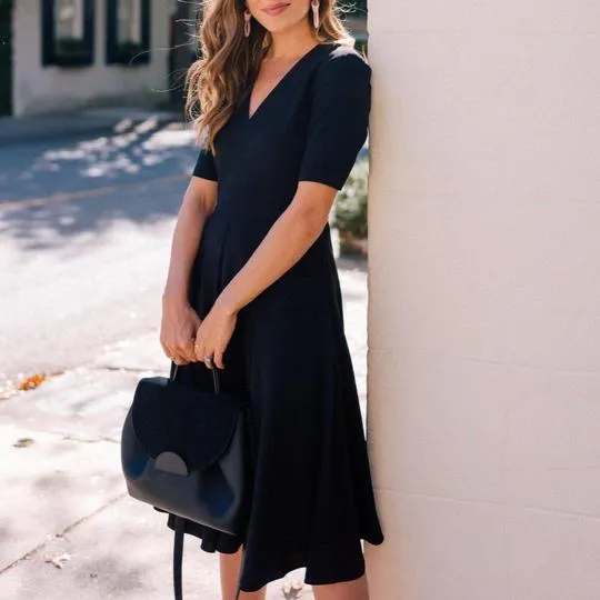 Trendy Plain V-Neck Short Sleeve Midi Dress-vocosishoes