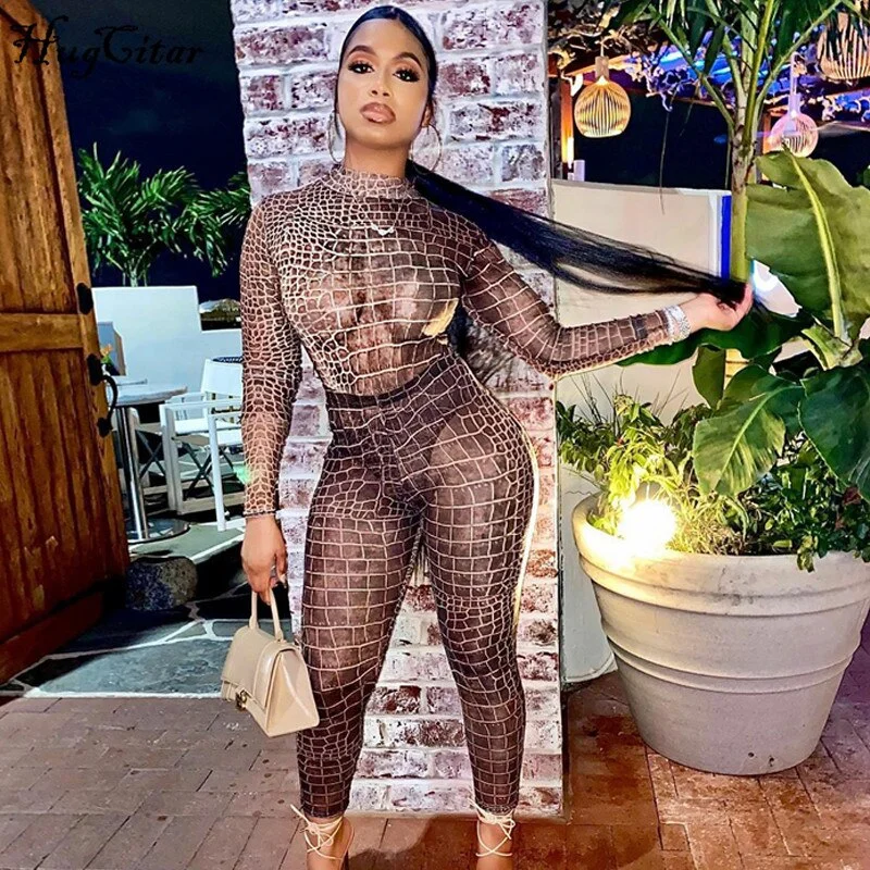 Hugcitar 2020 snake print mesh see-through bodysuit leggings 2 pieces set autumn winter women fashion streetwear outfits sexy cl