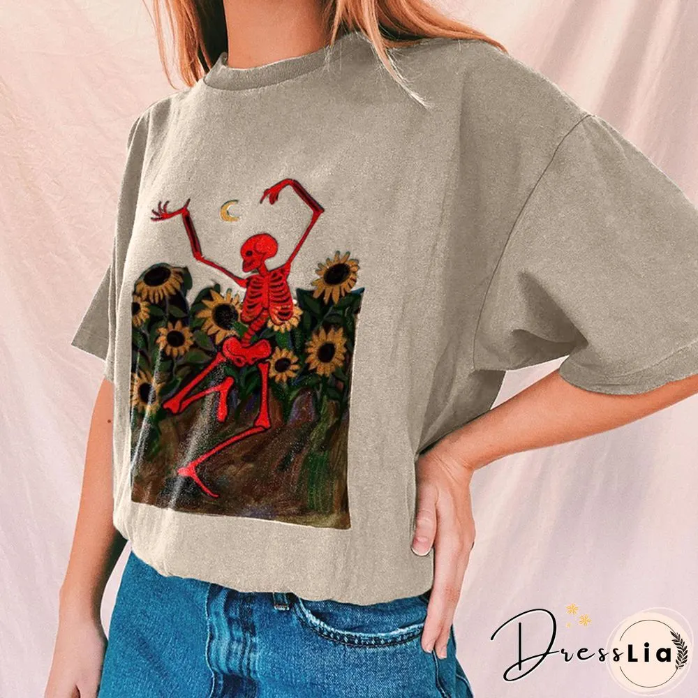 Vintage Round Neck Short Sleeve Loose Printed Tee