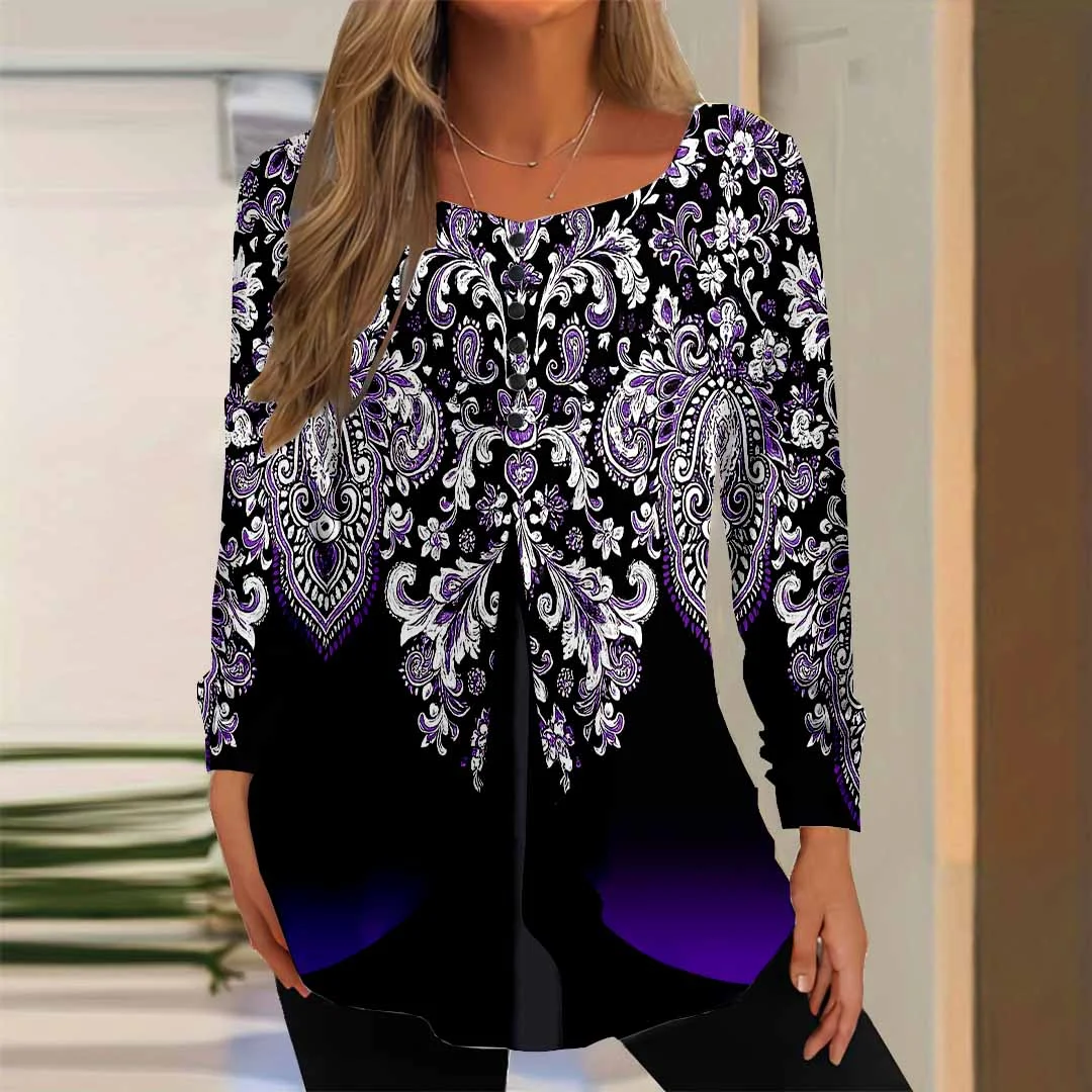 Women Graphic,Purple DZGG8343 Long Sleeve Scoop Neck Printed Graphic Button Fake 2in1 Tops