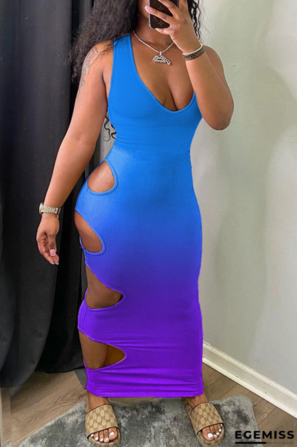 Blue Fashion Sexy Gradual Change Print Hollowed Out U Neck Vest Dress | EGEMISS