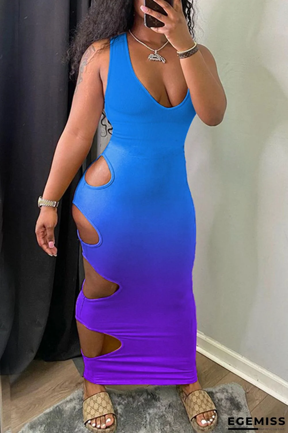 Blue Fashion Sexy Gradual Change Print Hollowed Out U Neck Vest Dress | EGEMISS