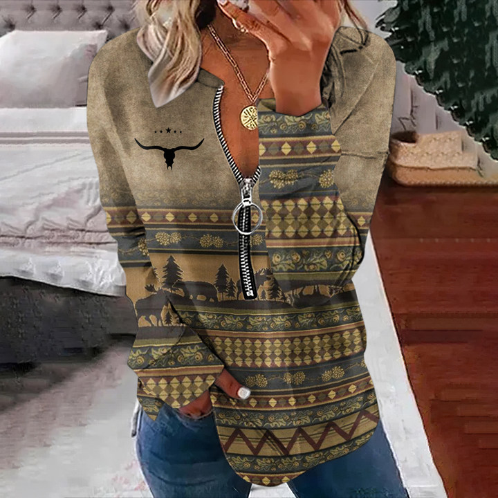  Western Print V-Neck Zipper Casual Sweatshirt Westsshops
