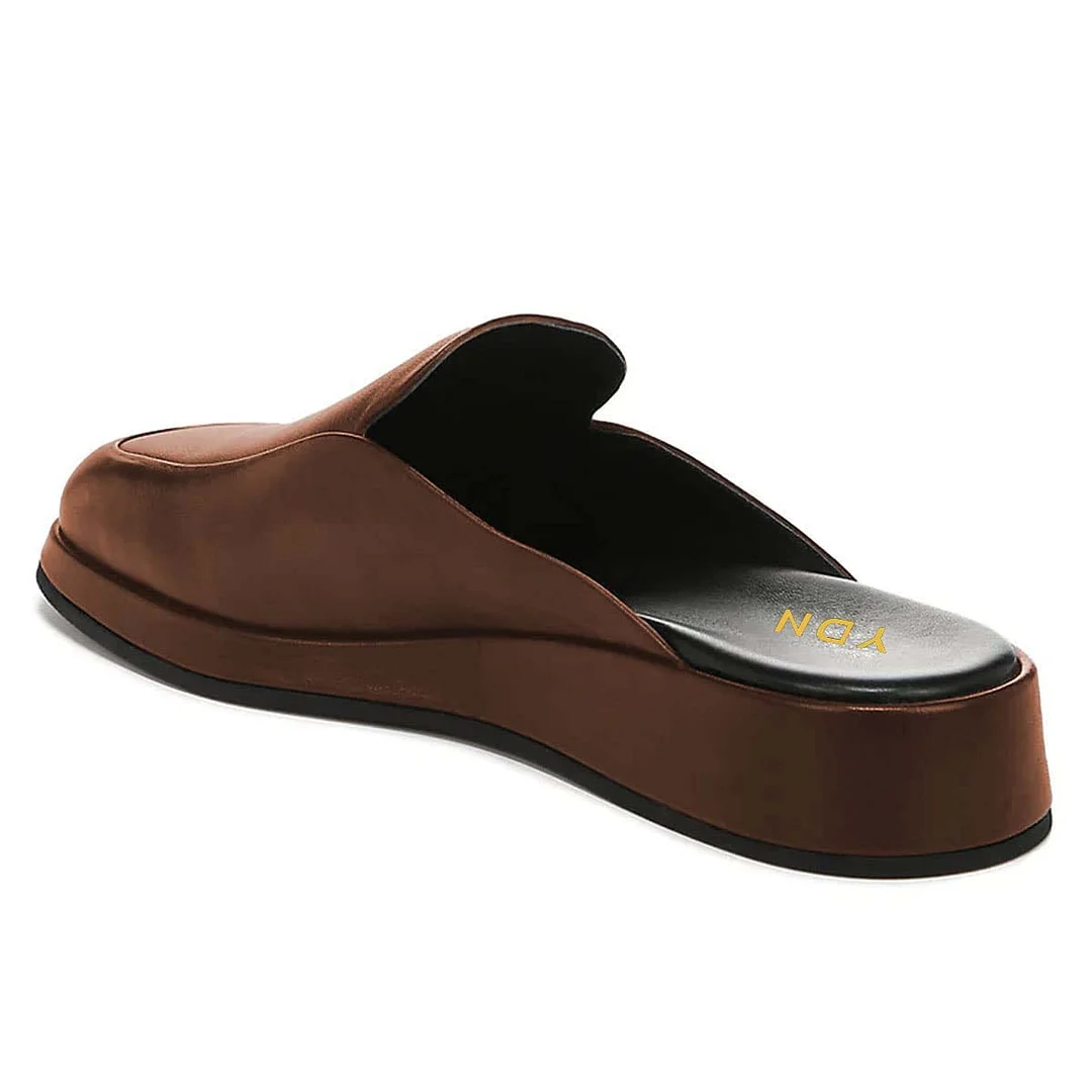 Shiny Brown Vegan Leather Square Toe Backless Mules with Platform Heel