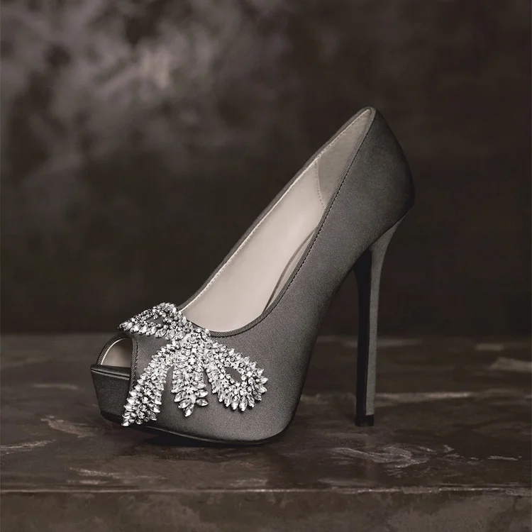 Women's Grey Peep Toe Platform Rhinestone Stiletto Heel Wedding Shoes Pumps |FSJ Shoes
