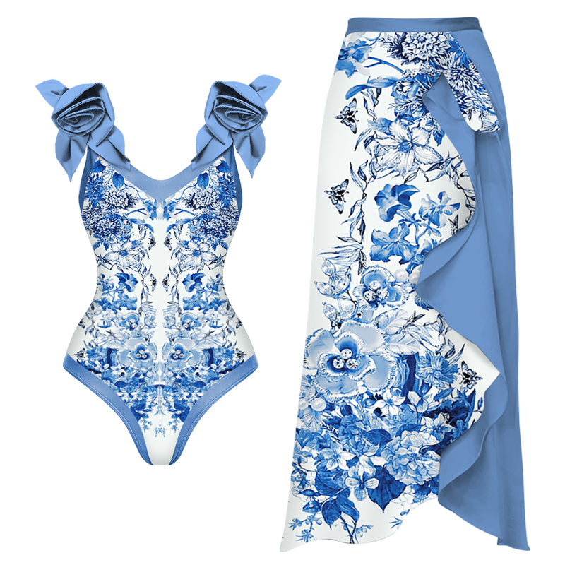 3D Flower Maiolica Print One Piece Swimsuit and Skirt Flaxmaker