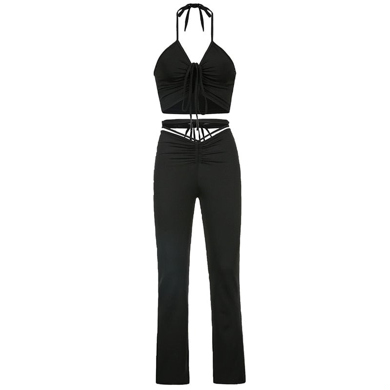 BIIKPIIK Halter Criss-Cross Crop Top And Women's Drawstring Pants Matching Sets Skinny Hollow Out Sexy Two Piece Set For Women