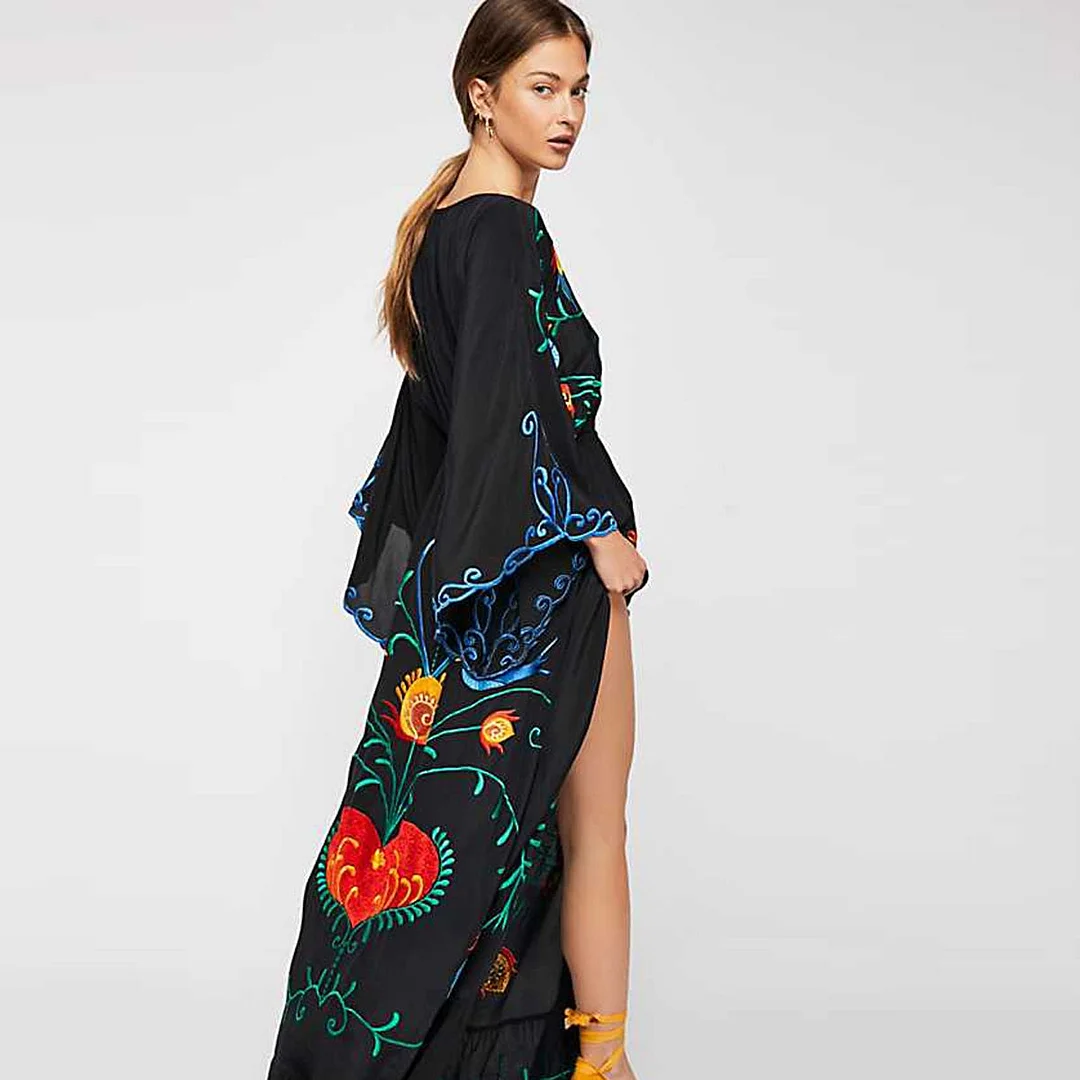 Jastie Embroidered Women Maxi Dress V-Neck Batwing Sleeve Loose Oversize Summer Dresses Drawstring Waist Boho Beach Vestidos