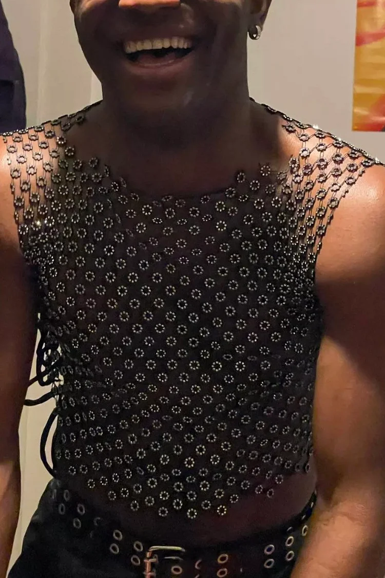 Men's Floral Rhinestones Hollow Blouse Crop Tank Top