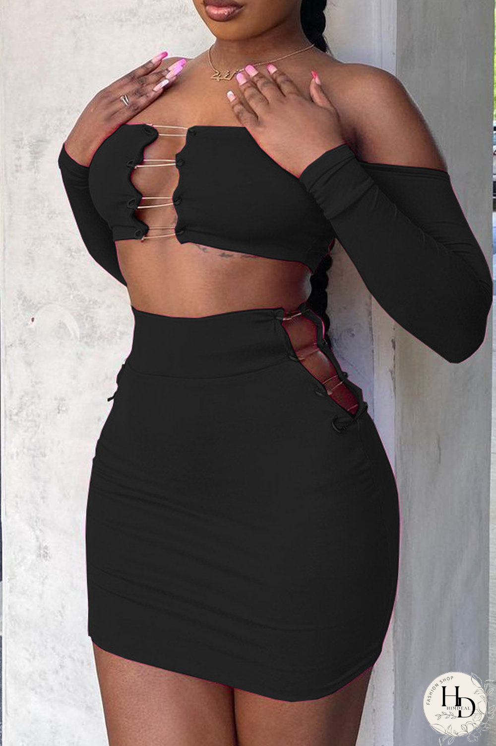 Black Sexy Solid Hollowed Out Off the Shoulder Long Sleeve Two Pieces
