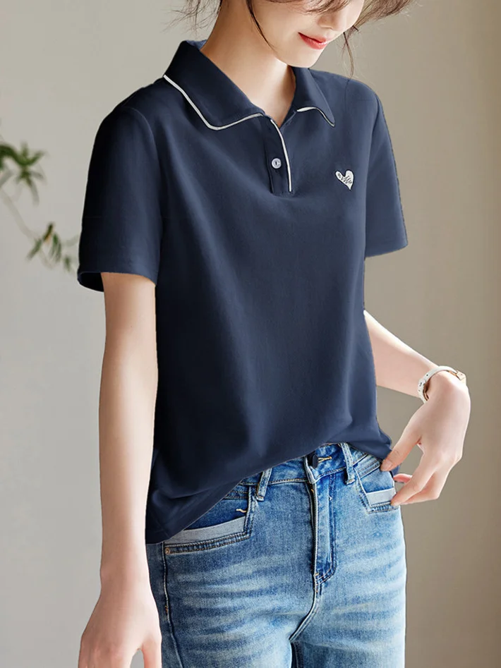 Athvotar Athvotar With Short-Sleeved T-Shirt Women 2025 Summer New Love Embroidery Collar Casual Slim Polo Shirt