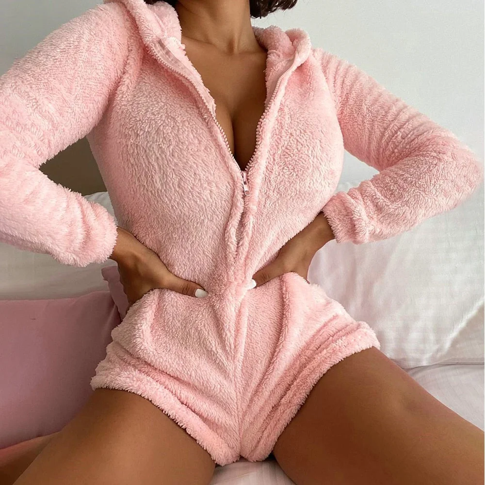 Long Sleeve Zipper Solid Color Pink Ladies Bodysuit Hoodie Sexy Hooded Romper