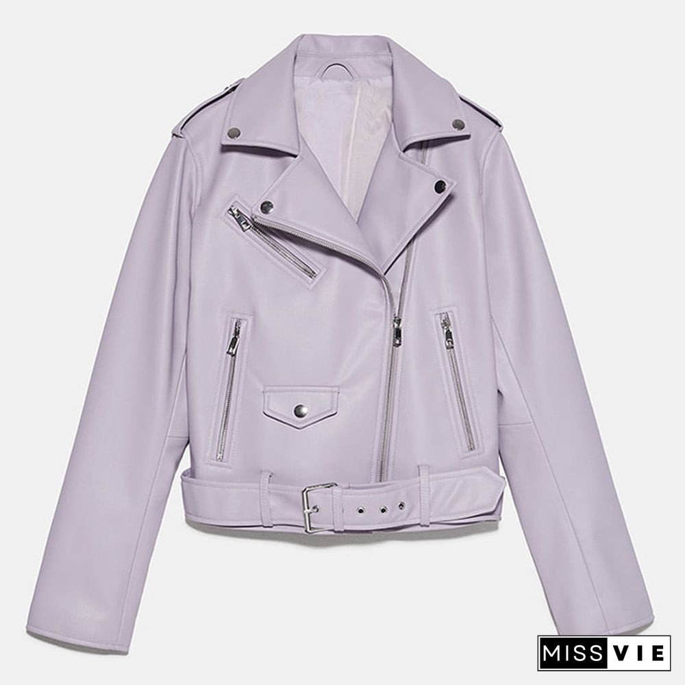 Spring Autumn Women Fashion Blue Black Faux Leather Jacket Solid Zipper With Belt Biker Coat Female Casual Outwear Ladies