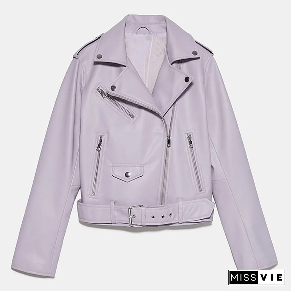 Spring Autumn Women Fashion Blue Black Faux Leather Jacket Solid Zipper With Belt Biker Coat Female Casual Outwear Ladies