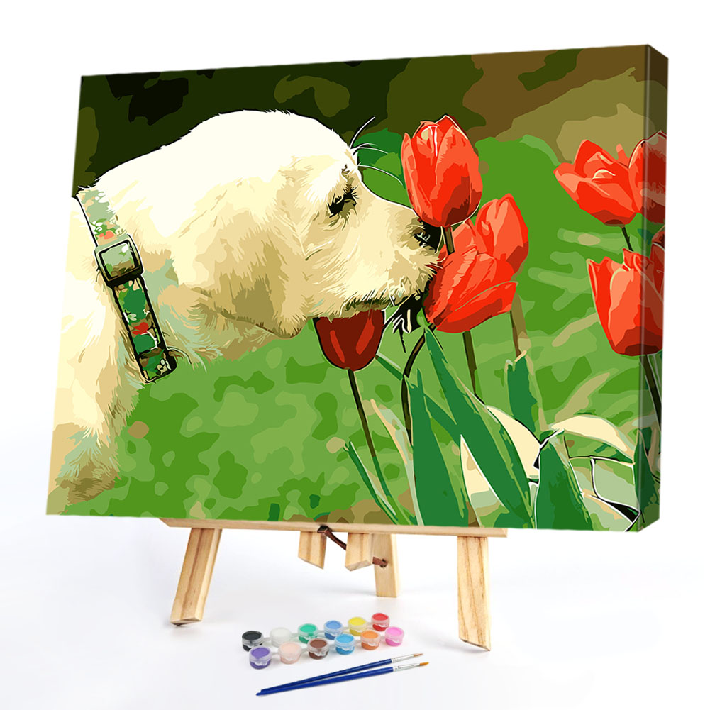 

40*50CM Paint By Numbers-Smelling Flowers Dog, 501 Original