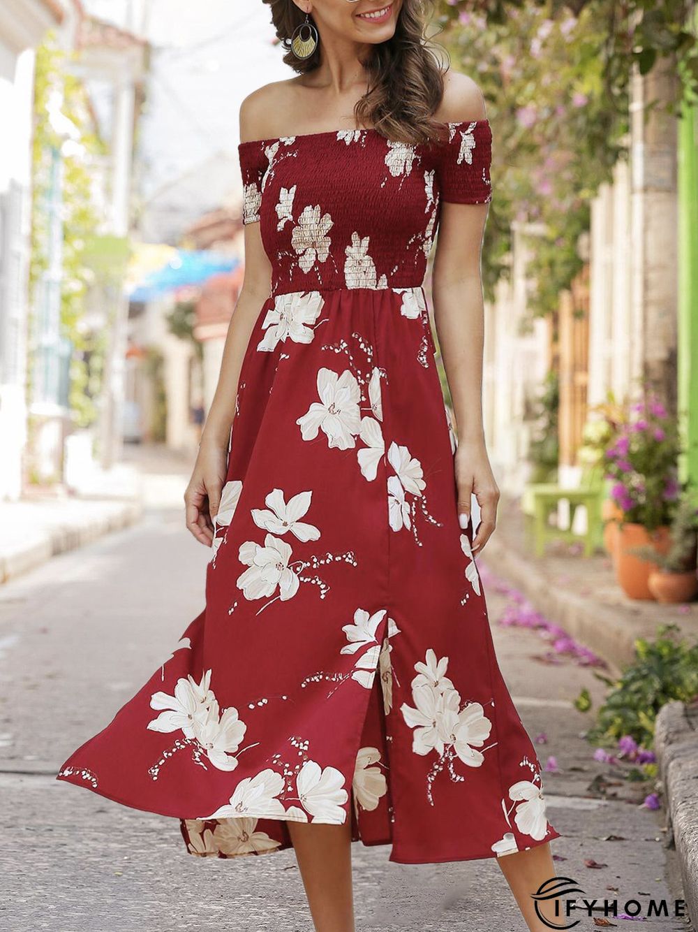 Horizontal Neck Holiday Floral  Midi Dress | IFYHOME