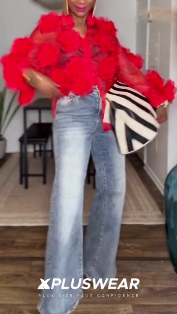 Plus Size Party Red Shirt Collar Lantern Sleeve Long Sleeve 3D See Through Organza Blouses [Pre-Order] 2024 - Xpluswear