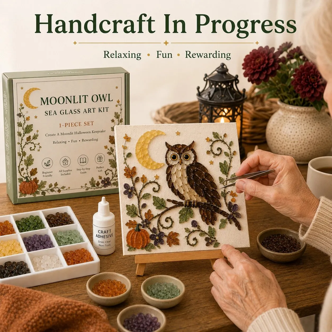 Hands using tweezers to place frosted sea glass pieces on the Halloween art base