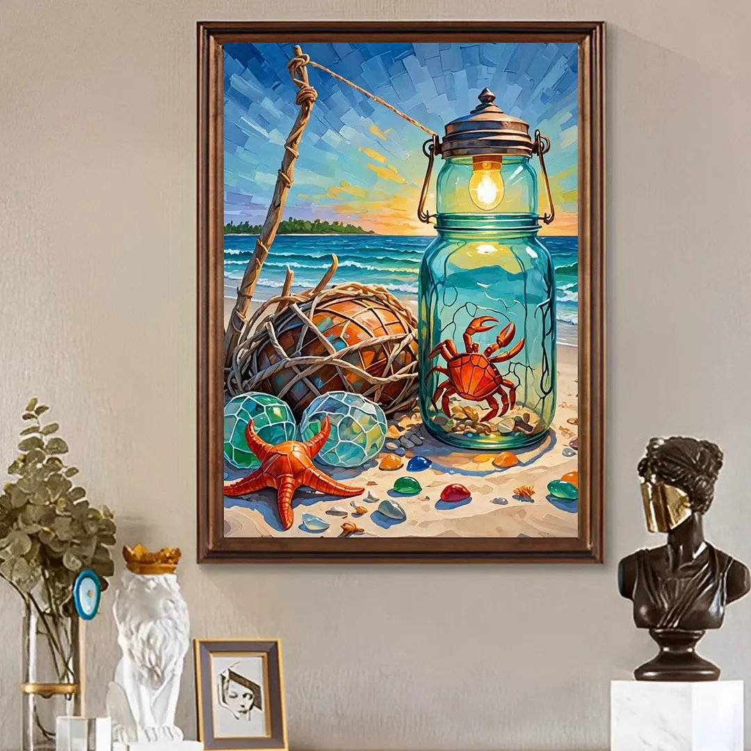 Beach Crab Jar Lantern 5D DIY Full Square Drill Diamond Painting Kits for Adults Beginners Home Decor Diamonds Dots Gem Art Kits Diamonds Paintings Gem Art 13.78x17.72inch