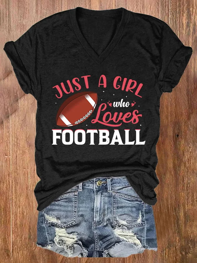 V-neck Just a Girl Who Loves Football Print T-Shirt socialshop