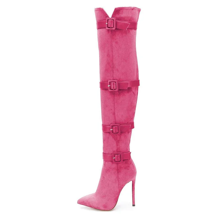 Hot Pink Buckle boots Pointy Toe Stiletto Heel Vegan Suede Long Boots |FSJ Shoes