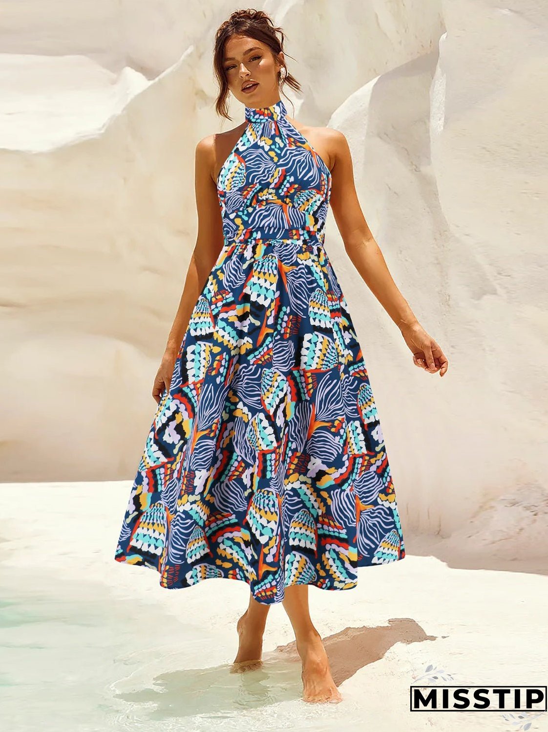 Ruched Printed Halter Neck Sleeveless Dress