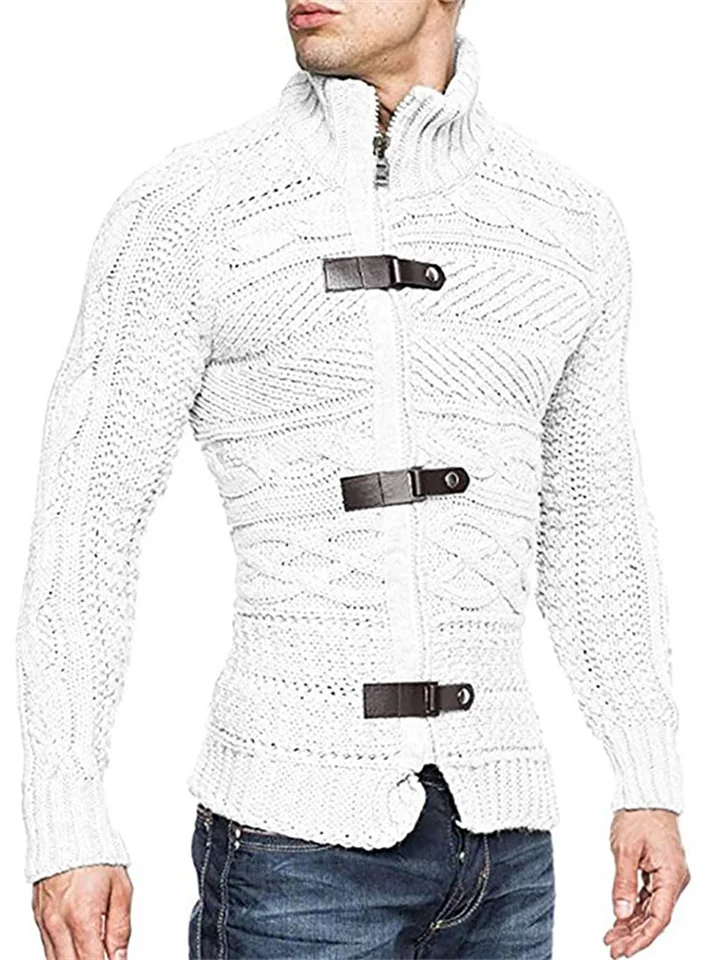 Autumn and Winter High-neck Sweater Men's Leather Buckle Long-sleeved Knitted Cardigan Jacket Large Size Commuter Men's Clothing-Cosfine