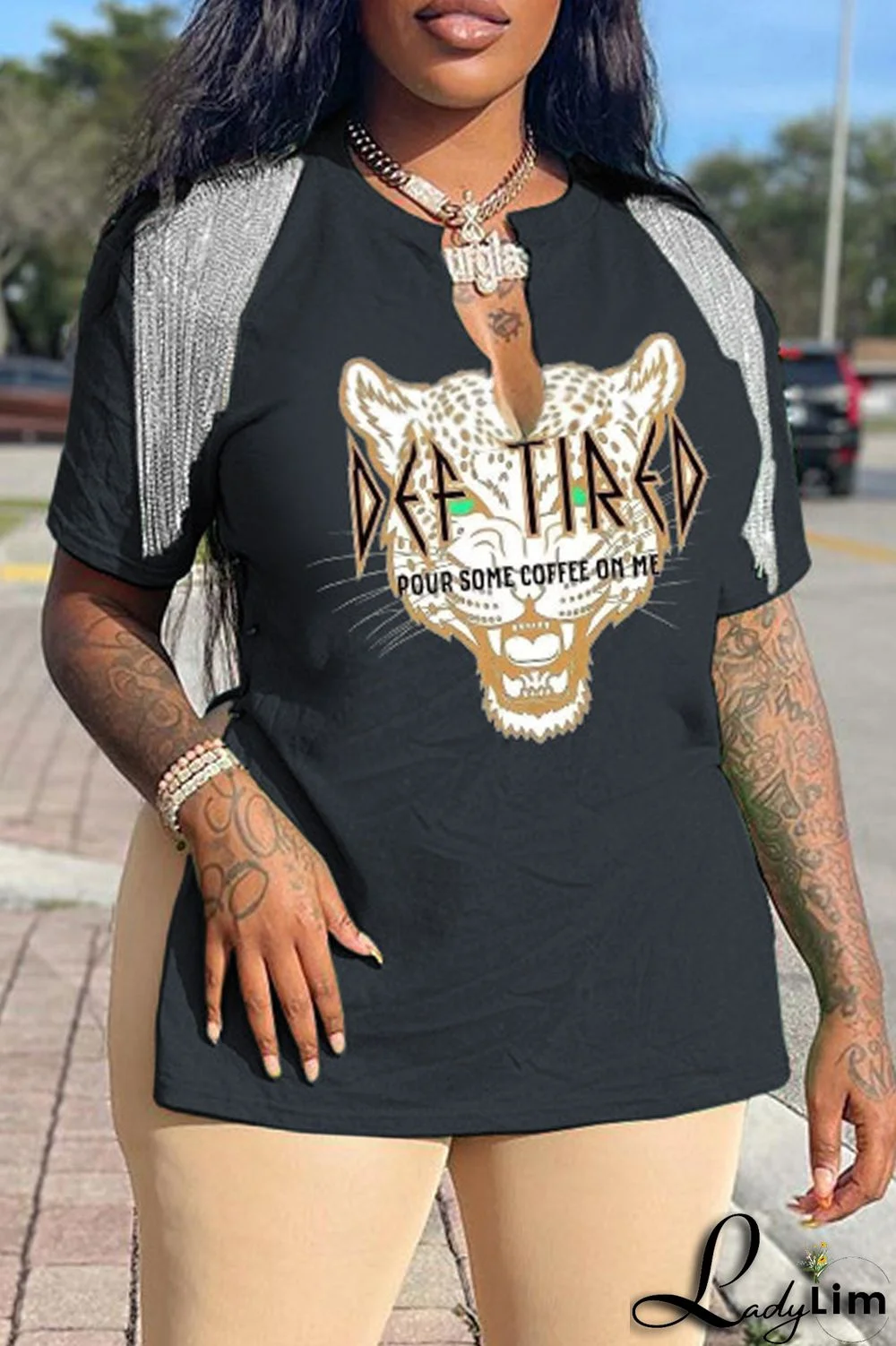 Coffee Fashion Casual Print Tassel Patchwork V Neck T-Shirts