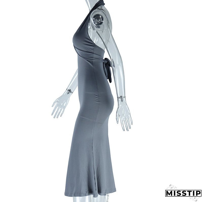 Women Solid Sexy Deep V-Neck Halter Neck Backless Dress