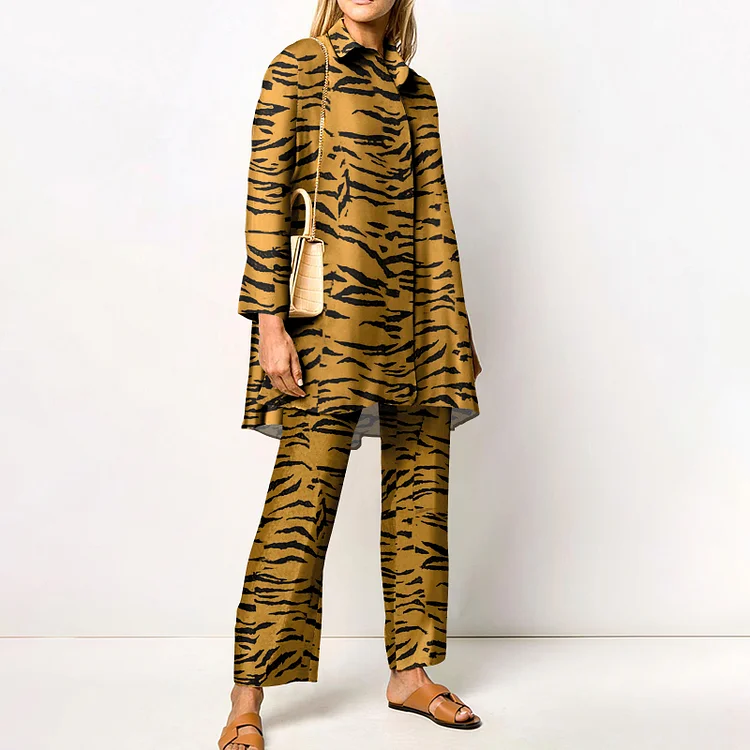 Lapel Fashion Tiger Print Two Piece Set