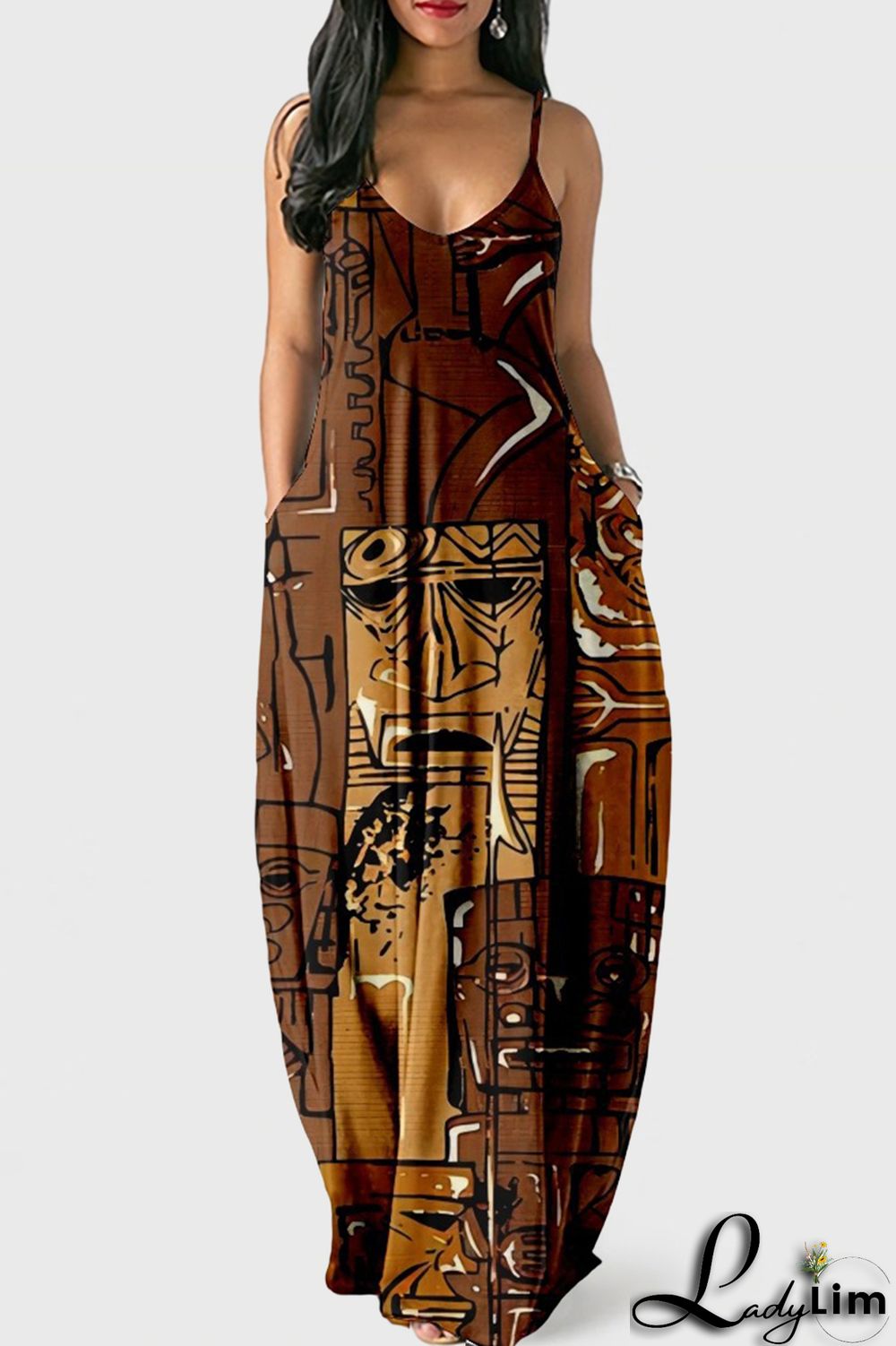 White Blue Fashion Sexy Print Backless Spaghetti Strap Long Dress