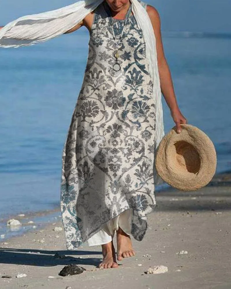 Casual Crew Neck Printed Loose Dress