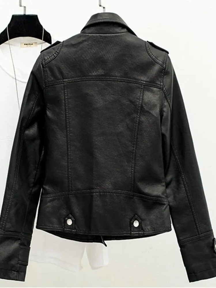 Uveng Autumn Women's PU Jacket Black Short Coat 2023 New Slim Collar Motorcycle Outwear Casual Faux LeatherJacket for Women