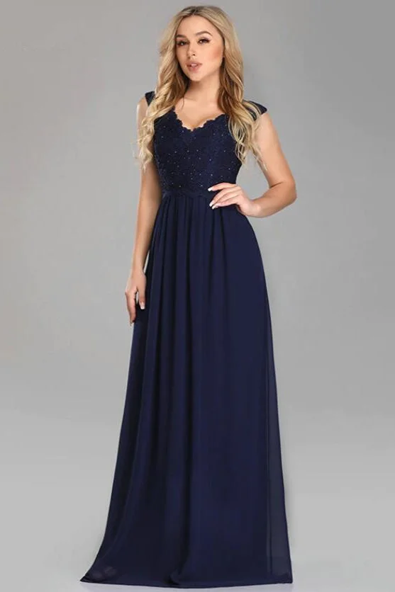 Bellasprom Navy Blue Prom Dress Long V-Neck Beadings Evening Gowns Lace Bellasprom