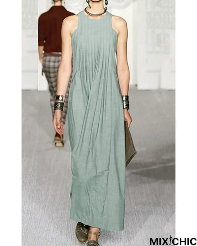 Women's Sheath Dress Maxi Long Dress Sleeveless Solid Color Print Spring Summer Casual Green